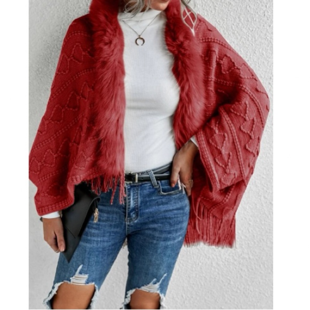 Boho vegan fur sweater cardigan open poncho - Picture 12 of 16